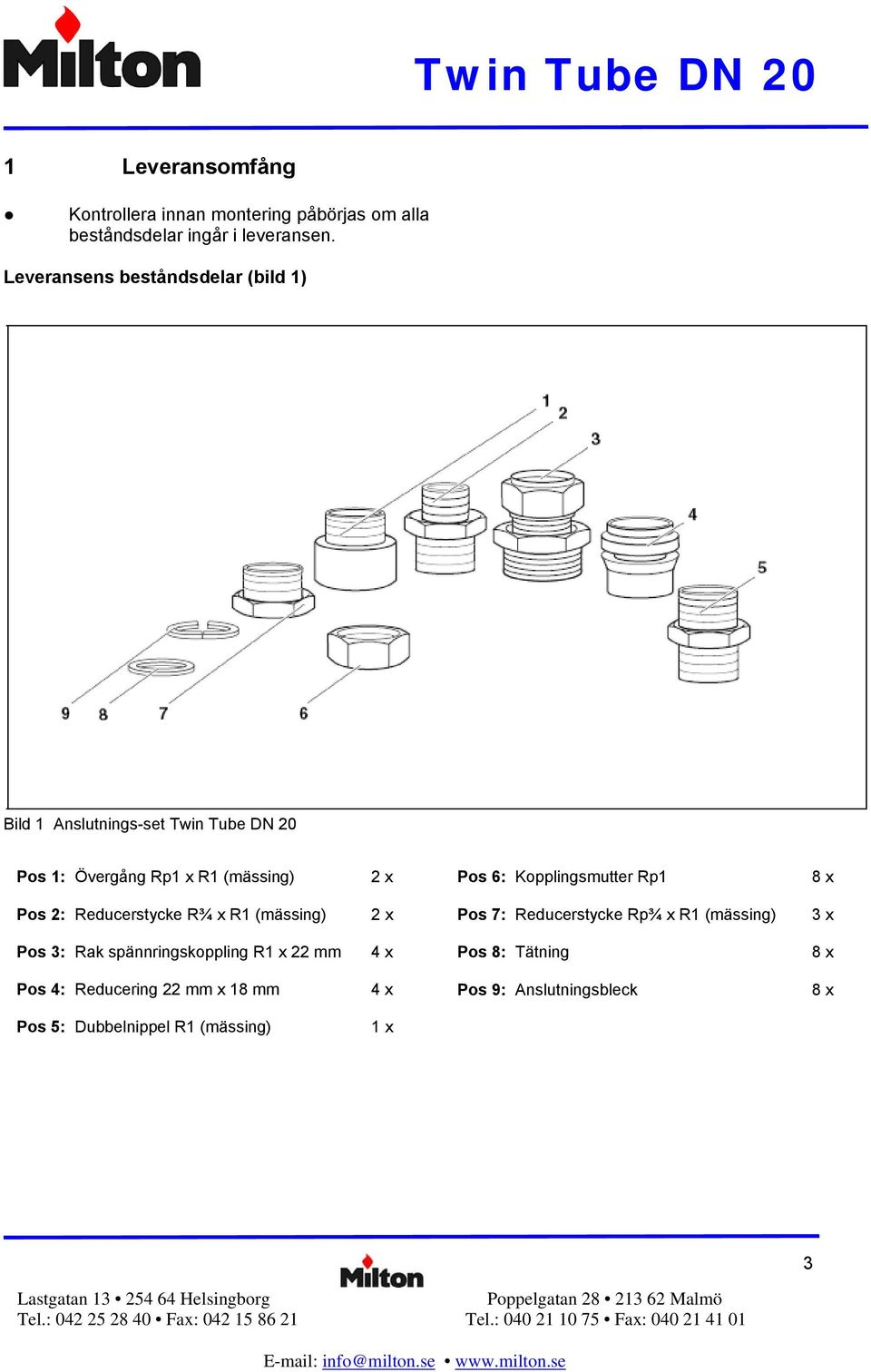 Kopplingsmutter Rp1 8 x Pos 2: Reducerstycke R¾ x R1 (mässing) 2 x Pos 7: Reducerstycke Rp¾ x R1 (mässing) 3 x Pos 3: Rak