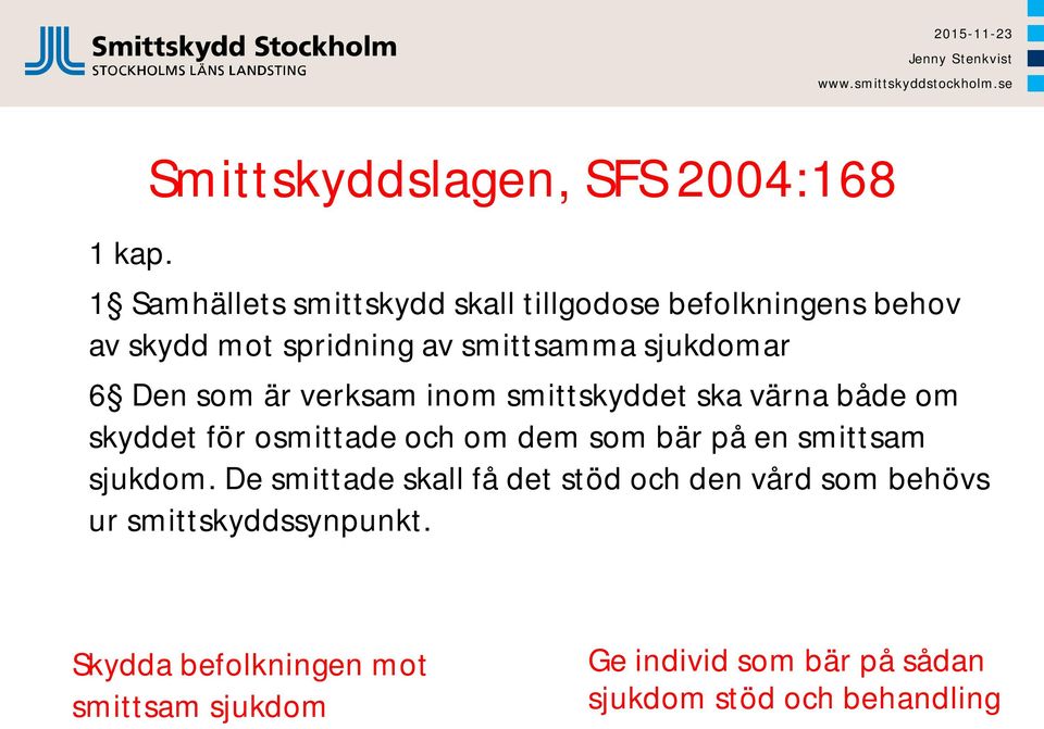 spridning av smittsamma sjukdomar 6 Den som är verksam inom smittskyddet ska värna både om skyddet för