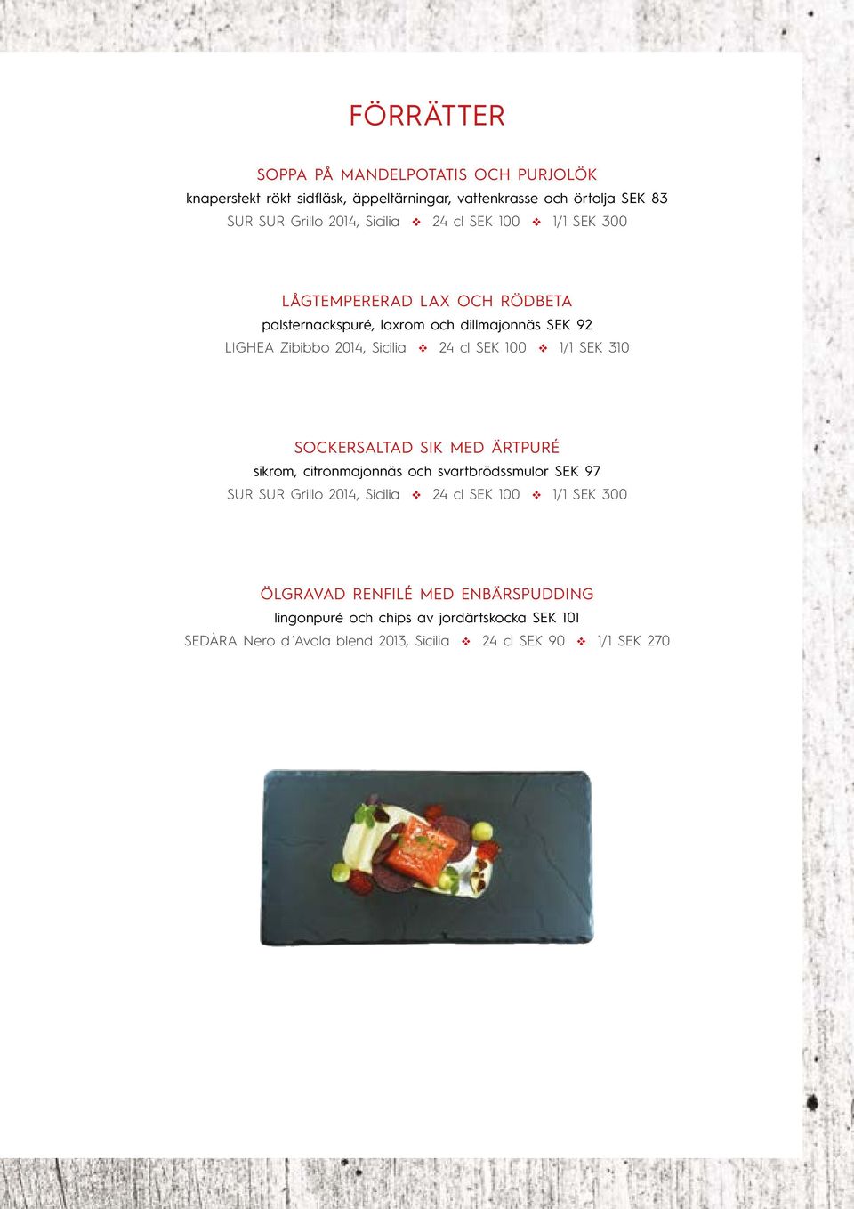 v 1/1 SEK 310 SOCKERSALTAD SIK MED ÄRTPURÉ sikrom, citronmajonnäs och svartbrödssmulor SEK 97 SUR SUR Grillo 2014, Sicilia v 24 cl SEK 100 v 1/1 SEK