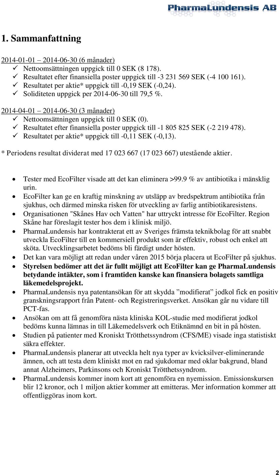 Resultatet efter finansiella poster uppgick till -1 805 825 SEK (-2 219 478). Resultatet per aktie* uppgick till -0,11 SEK (-0,13).