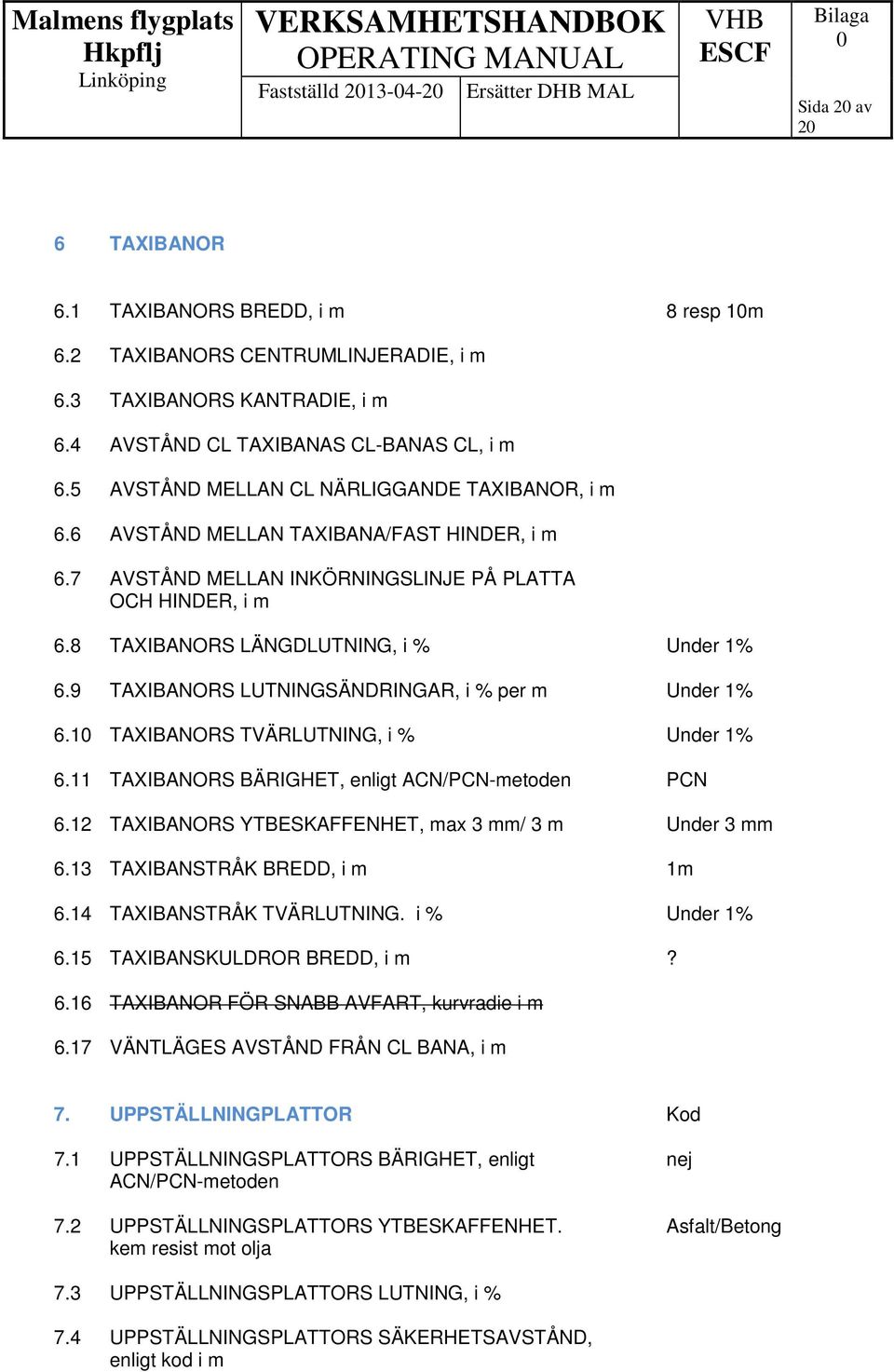 8 TAXIBANORS LÄNGDLUTNING, i % Under 1% 6.9 TAXIBANORS LUTNINGSÄNDRINGAR, i % per m Under 1% 6.1 TAXIBANORS TVÄRLUTNING, i % Under 1% 6.11 TAXIBANORS BÄRIGHET, enligt ACN/PCN-metoden PCN 6.