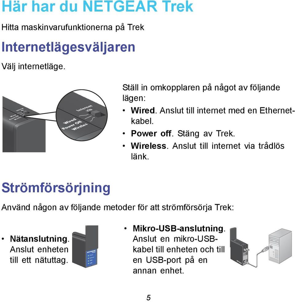 Power off. Stäng av Trek. Wireless. Anslut till internet via trådlös länk.