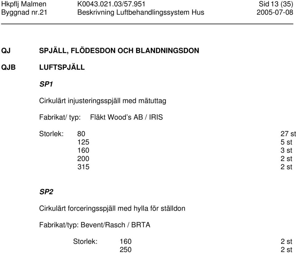 injusteringsspjäll med mätuttag Fabrikat/ typ: Fläkt Wood s AB / IRIS Storlek: 80 27 st