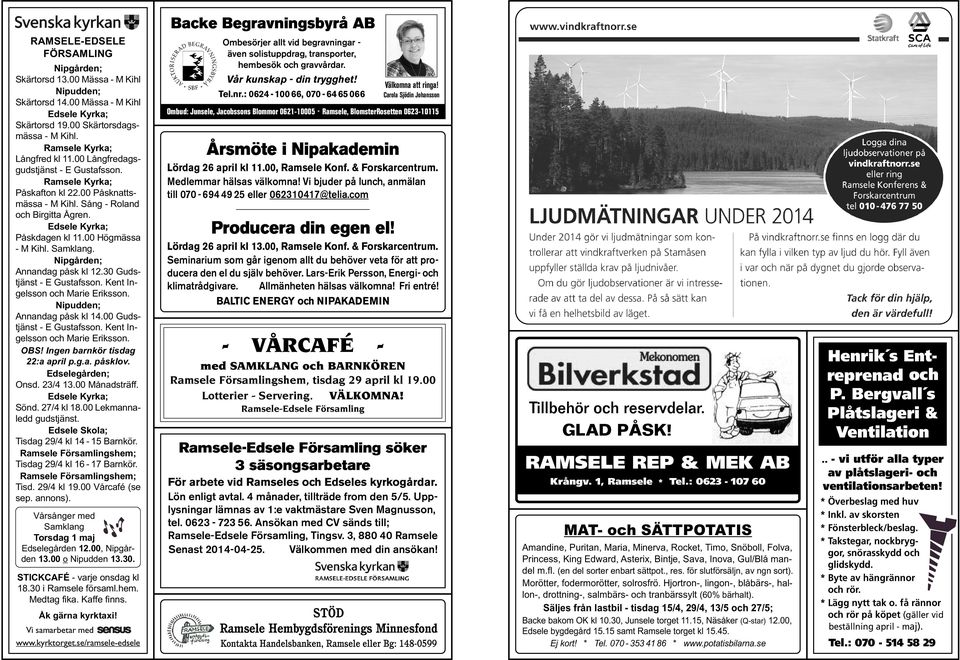 00 Högmässa - M Kihl. Samklang. Nipgården; Annandag påsk kl 12.30 Gudstjänst - E Gustafsson. Kent Ingelsson och Marie Eriksson. Nipudden; Annandag påsk kl 14.00 Gudstjänst - E Gustafsson.