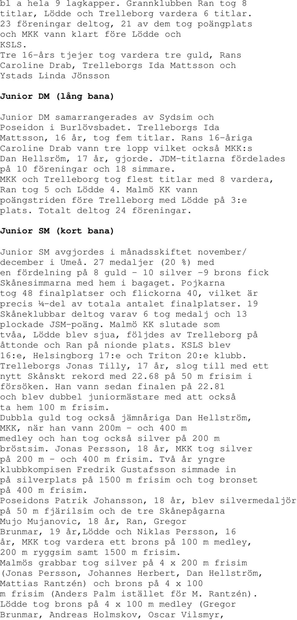 Trelleborgs Ida Mattsson, 16 år, tog fem titlar. Rans 16-åriga Caroline Drab vann tre lopp vilket också MKK:s Dan Hellsröm, 17 år, gjorde. JDM-titlarna fördelades på 10 föreningar och 18 simmare.