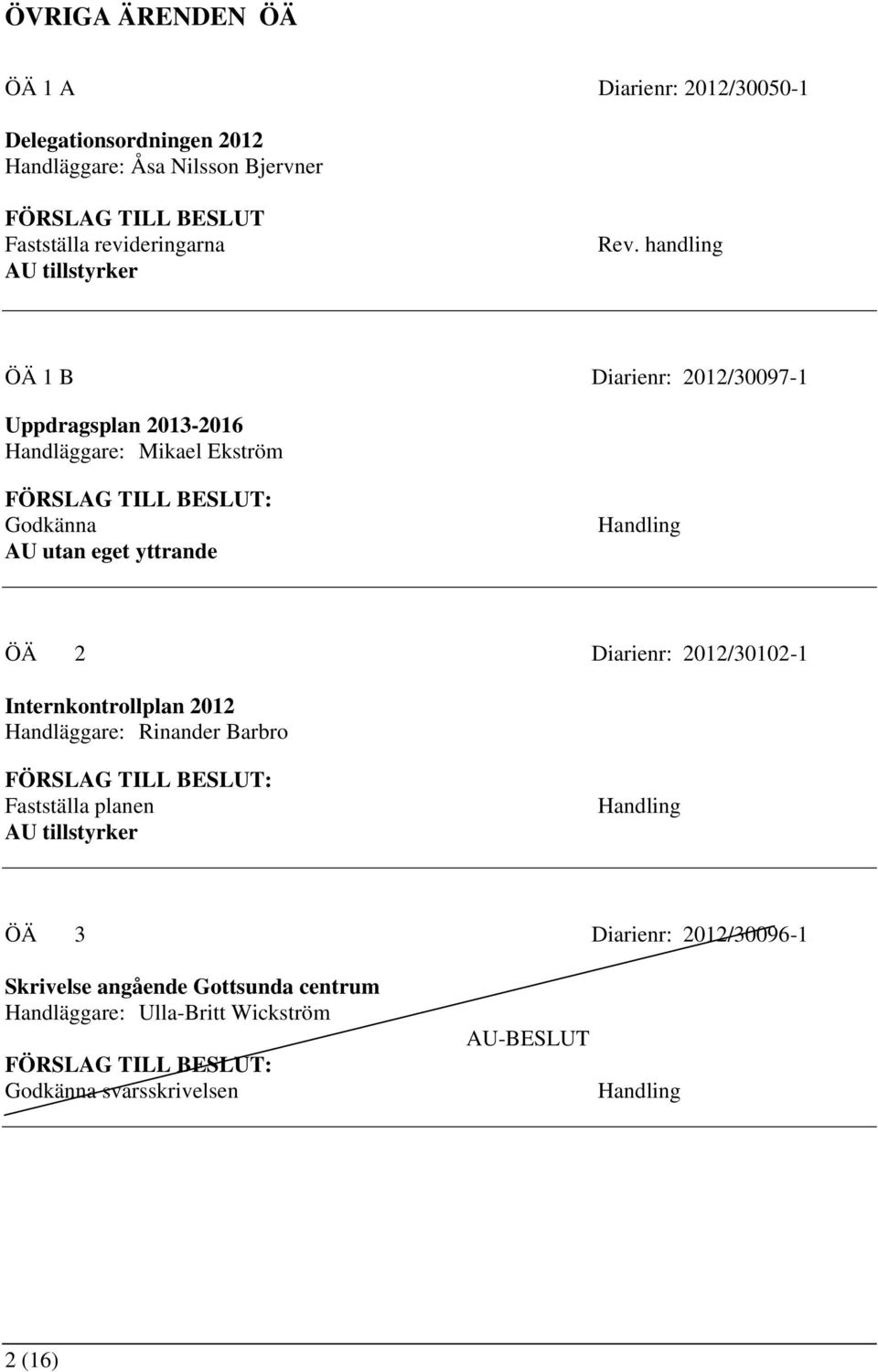 handling ÖÄ 1 B Diarienr: 2012/30097-1 Uppdragsplan 2013-2016 Handläggare: Mikael Ekström Godkänna AU utan eget