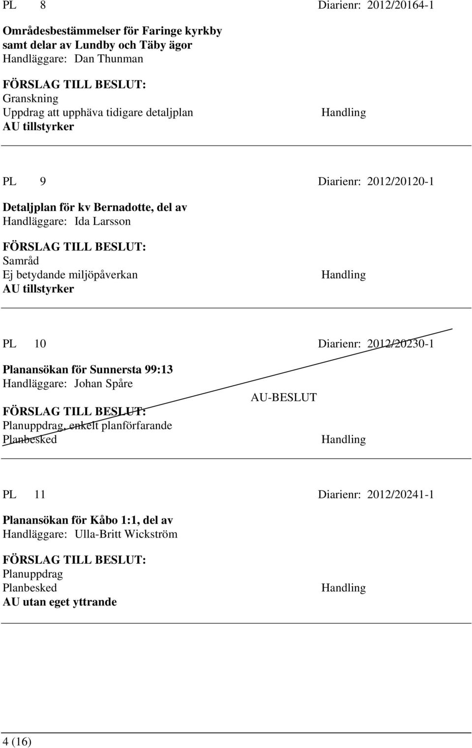 Larsson Samråd Ej betydande miljöpåverkan PL 10 Diarienr: 2012/20230-1 Planansökan för Sunnersta 99:13 Handläggare: Johan Spåre