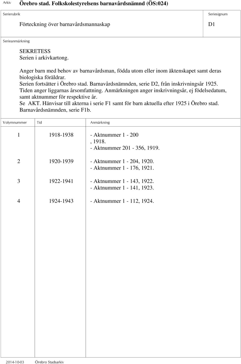 Anmärkningen anger inskrivningsår, ej födelsedatum, samt aktnummer för respektive år. Se AKT. Hänvisar till akterna i serie F1 samt för barn aktuella efter 1925 i Örebro stad.