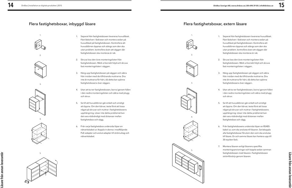 kontrollera även att väggen där fastighetsboxen ska monteras är rak. Separat från fastighetsboxen levereras huvudlåset.  kontrollera även att väggen där fastighetsboxen ska monteras är rak.