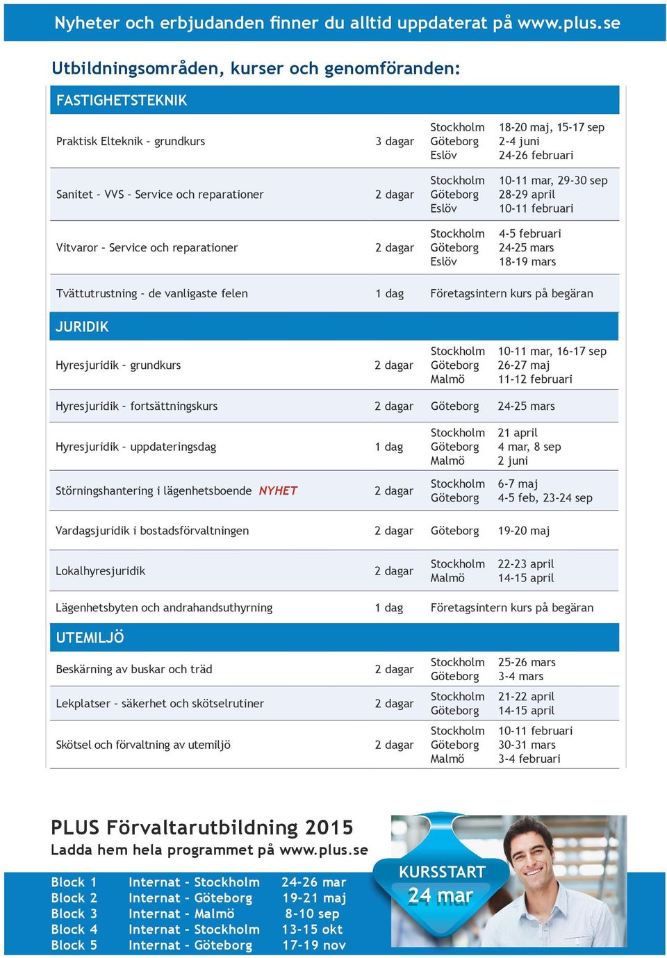 29-30 sep 28-29 april 10-11 februari Vitvaror Service och reparationer 4-5 februari 24-25 mars 18-19 mars Tvättutrustning de vanligaste felen Företagsintern kurs på begäran JURIDIK Hyresjuridik