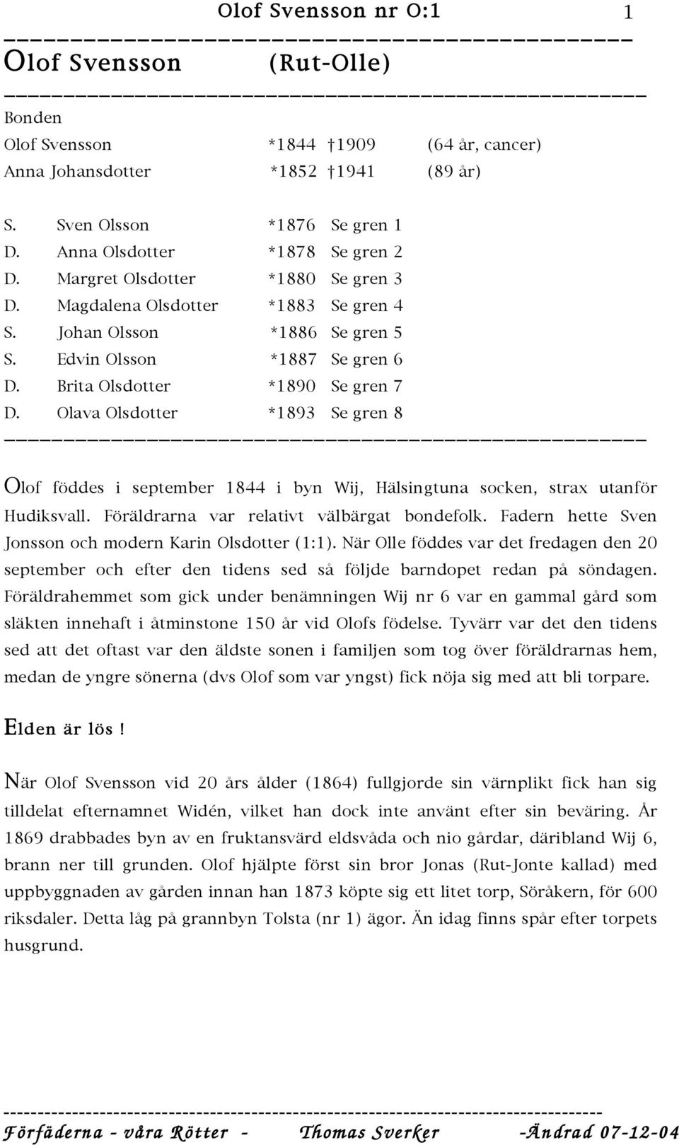 Olava Olsdotter *1893 Se gren 8 Olof föddes i september 1844 i byn Wij, Hälsingtuna socken, strax utanför Hudiksvall. Föräldrarna var relativt välbärgat bondefolk.
