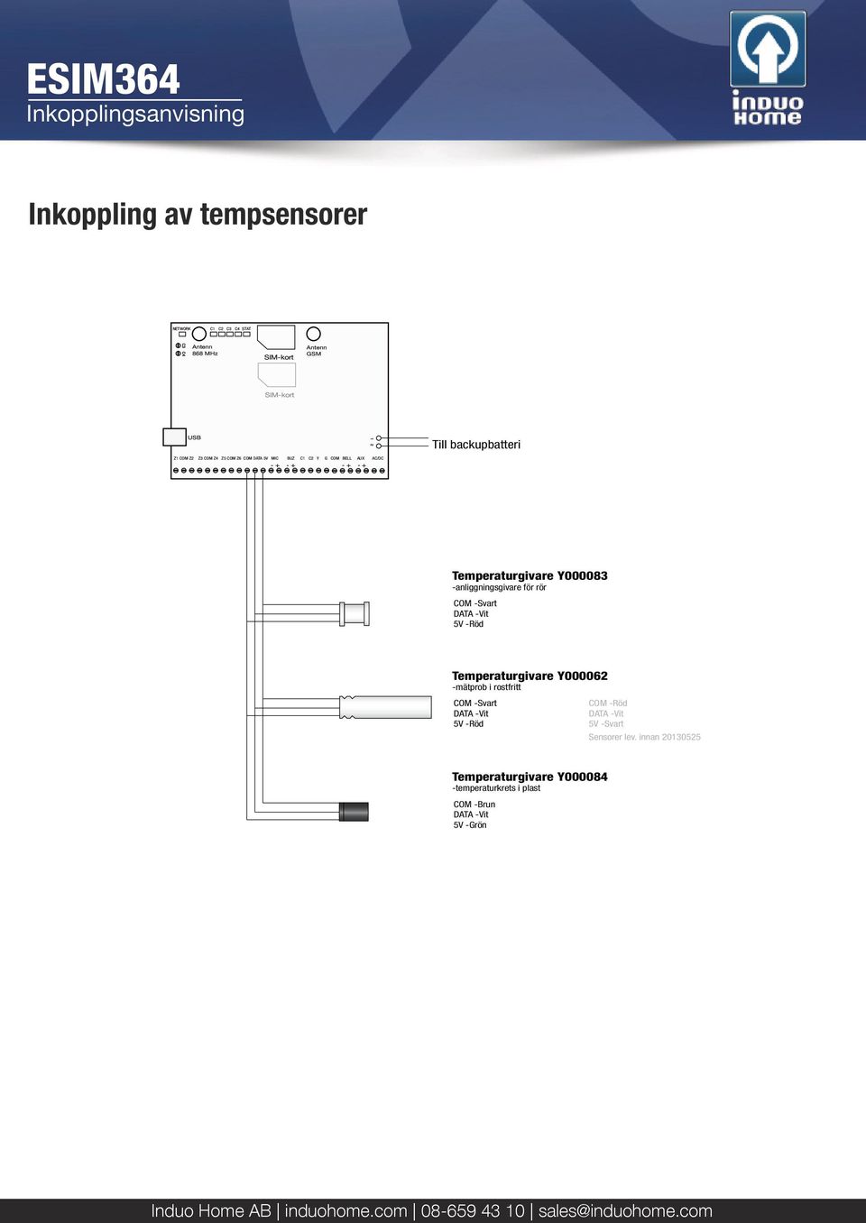 -mätprob i rostfritt COM -Svart DATA -Vit 5V -Röd COM -Röd DATA -Vit 5V -Svart