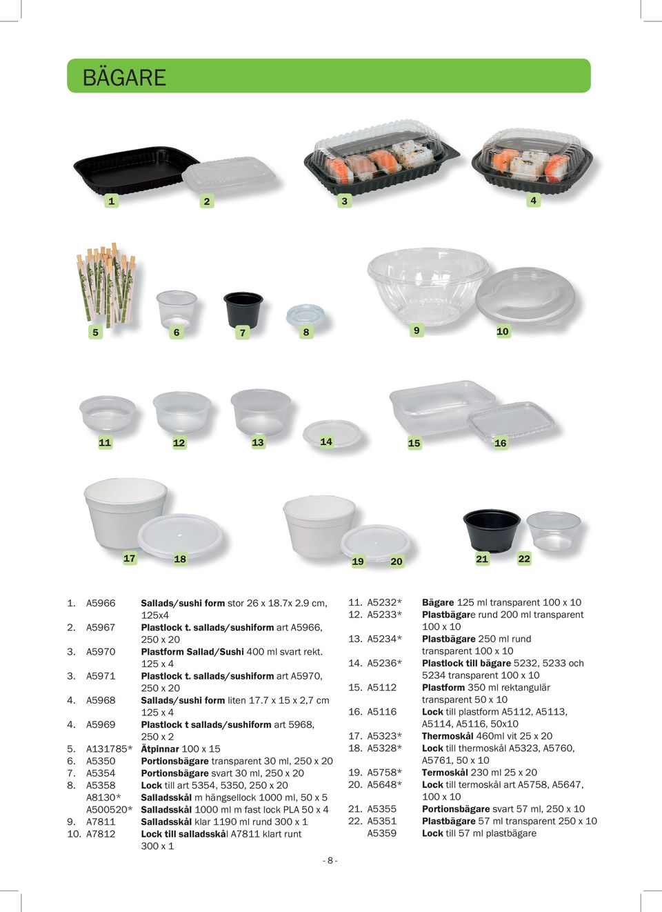 A8 Lock till art, 0, 0 x 0 A80* Salladsskål m hängsellock 000 ml, 0 x A000* Salladsskål 000 ml m fast lock PLA 0 x 9. A8 Salladsskål klar 90 ml rund 00 x 0.