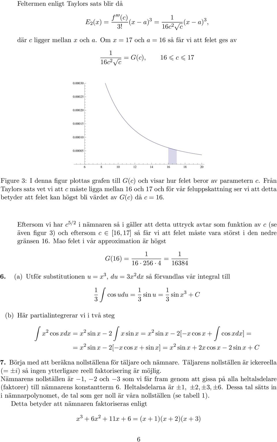 Från Taylors sats vet vi att c måste ligga mellan 6 och 7 och för vår feluppskattning ser vi att detta betyder att felet kan högst bli värdet av G(c) då c = 6.