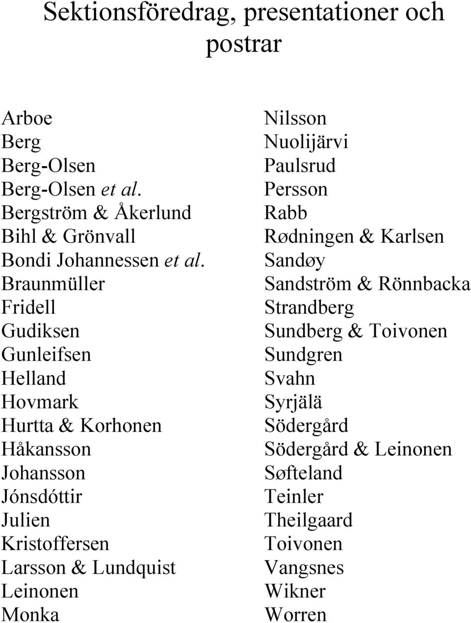Braunmüller Fridell Gudiksen Gunleifsen Helland Hovmark Hurtta & Korhonen Håkansson Johansson Jónsdóttir Julien Kristoffersen Larsson &