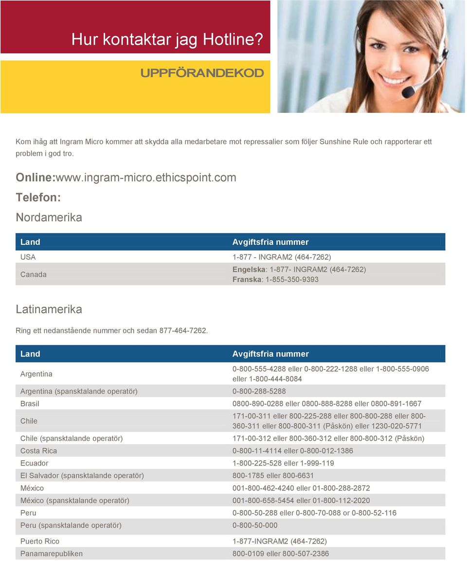 com Telefon: Nordamerika Land Avgiftsfria nummer USA 1-877 - INGRAM2 (464-7262) Canada Engelska: 1-877- INGRAM2 (464-7262) Franska: 1-855-350-9393 Latinamerika Ring ett nedanstående nummer och sedan