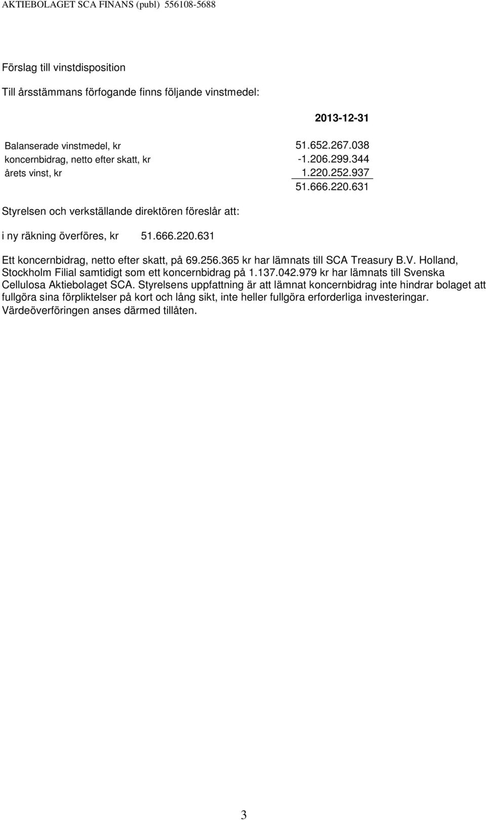 365 kr har lämnats till SCA Treasury B.V. Holland, Stockholm Filial samtidigt som ett koncernbidrag på 1.137.042.979 kr har lämnats till Svenska Cellulosa Aktiebolaget SCA.