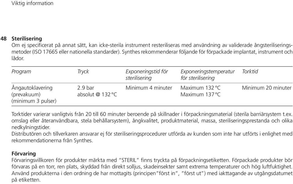 Program Tryck Exponeringstid för Exponeringstemperatur Torktid sterilisering för sterilisering Ångautoklavering 2.