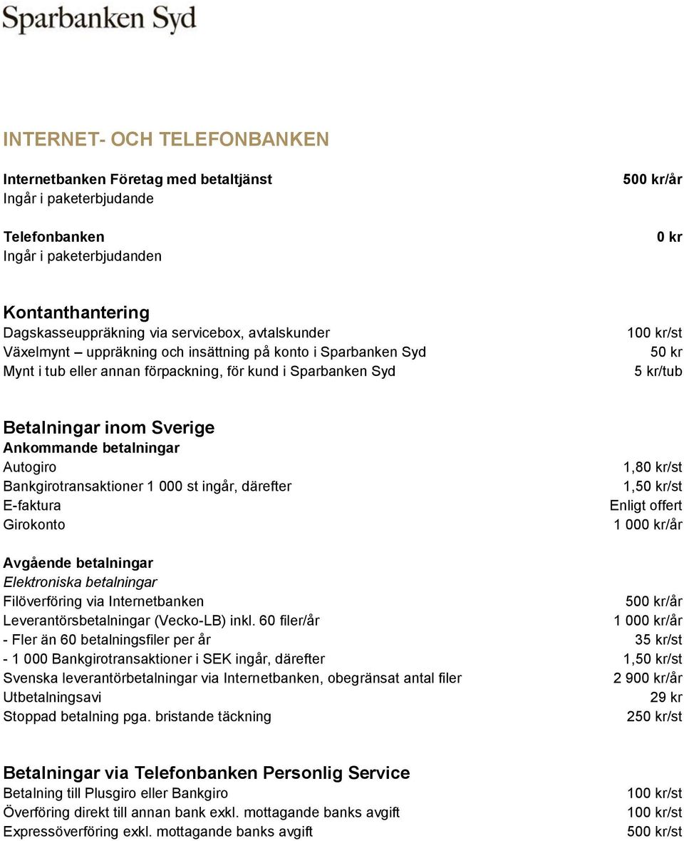 Autogiro Bankgirotransaktioner 1 000 st ingår, därefter E-faktura Girokonto 1,8/st 1,5/st 1 00/år Avgående betalningar Elektroniska betalningar Filöverföring via Internetbanken 50/år