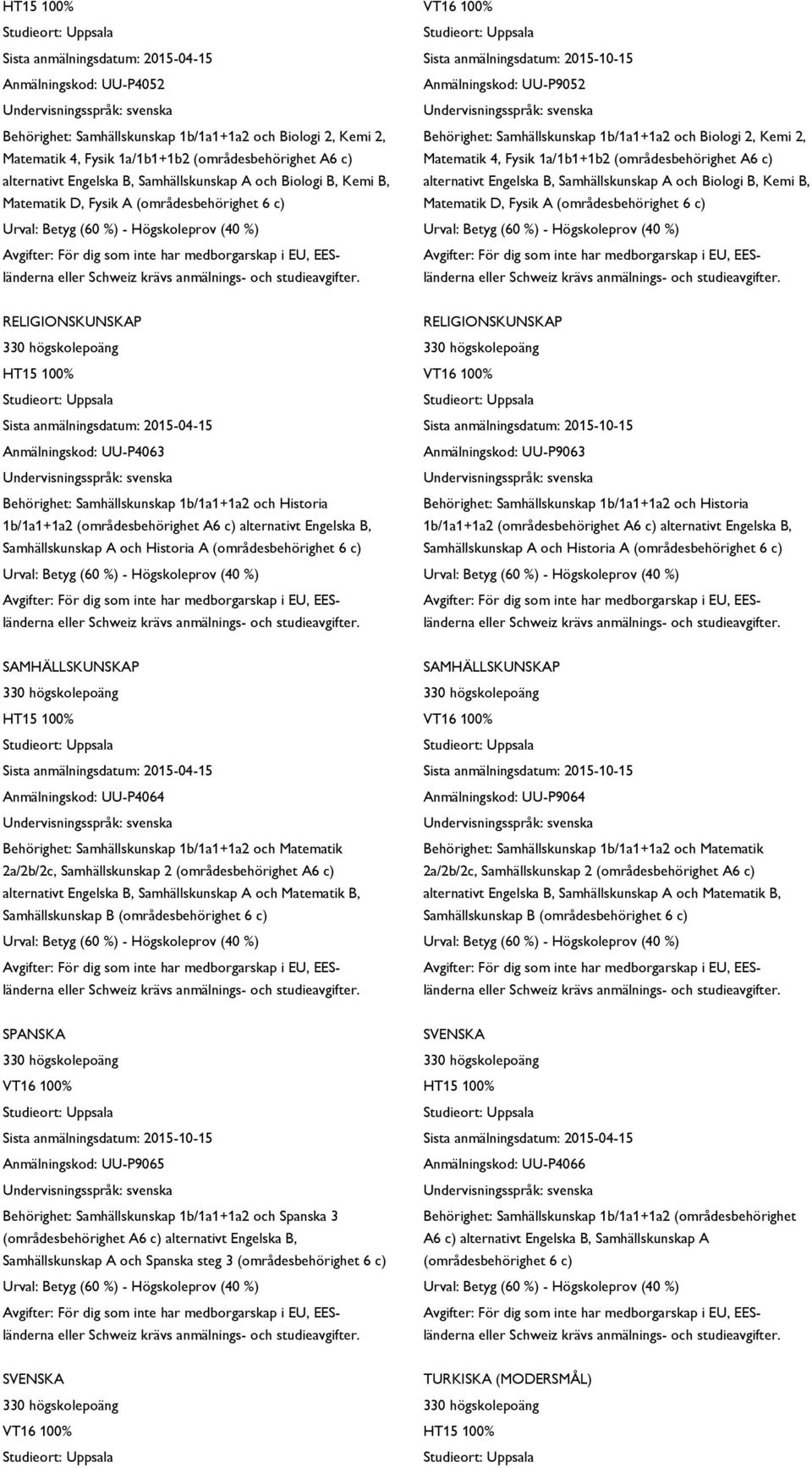 Samhällskunskap A och Biologi B, Kemi B, Matematik D, Fysik A RELIGIONSKUNSKAP Anmälningskod: UU-P4063 Behörighet: Samhällskunskap 1b/1a1+1a2 och Historia 1b/1a1+1a2 Samhällskunskap A och Historia A