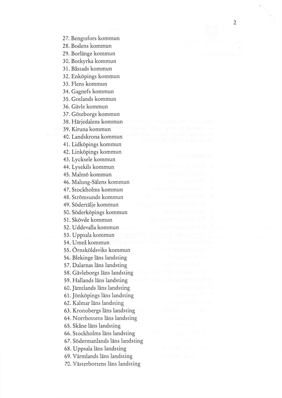 Malung-Sälens kommun 47. Stockholms kommun 48. Strömsunds kommun 49. Södertälje kommun 50. Söderköpings kommun 51. Skövde kommun 52. Uddevalla kommun 53. Uppsala kommun 54. Umeå kommun 55.