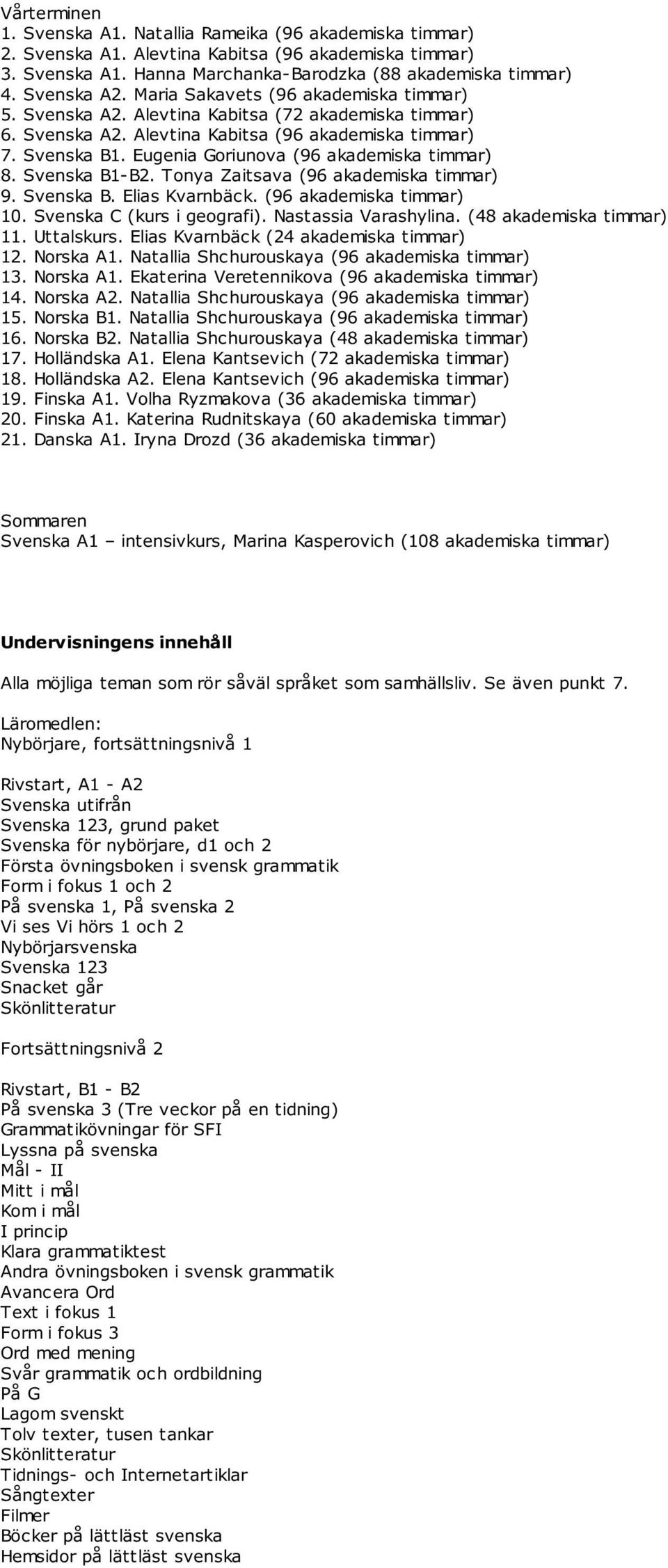 Eugenia Goriunova (96 akademiska timmar) 8. Svenska B1-B2. Tonya Zaitsava (96 akademiska timmar) 9. Svenska B. Elias Kvarnbäck. (96 akademiska timmar) 10. Svenska C (kurs i geografi).