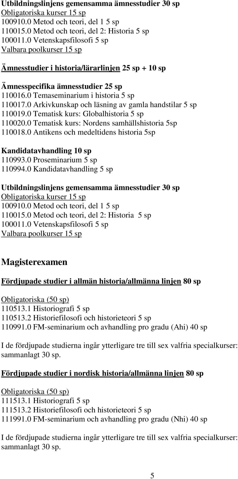 0 Arkivkunskap och läsning av gamla handstilar 5 sp 110019.0 Tematisk kurs: Globalhistoria 5 sp 110020.0 Tematisk kurs: Nordens samhällshistoria 5sp 110018.