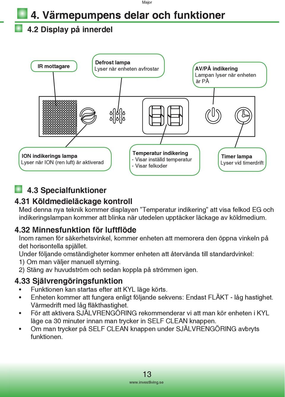 indikering - Visar inställd temperatur - Visar felkoder Timer lampa Lyser vid timerdrift 4.3 Specialfunktioner 4.