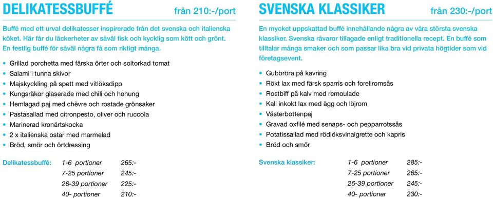 Grillad porchetta med färska örter och soltorkad tomat Salami i tunna skivor Majskyckling på spett med vitlöksdipp Kungsräkor glaserade med chili och honung Hemlagad paj med chèvre och rostade