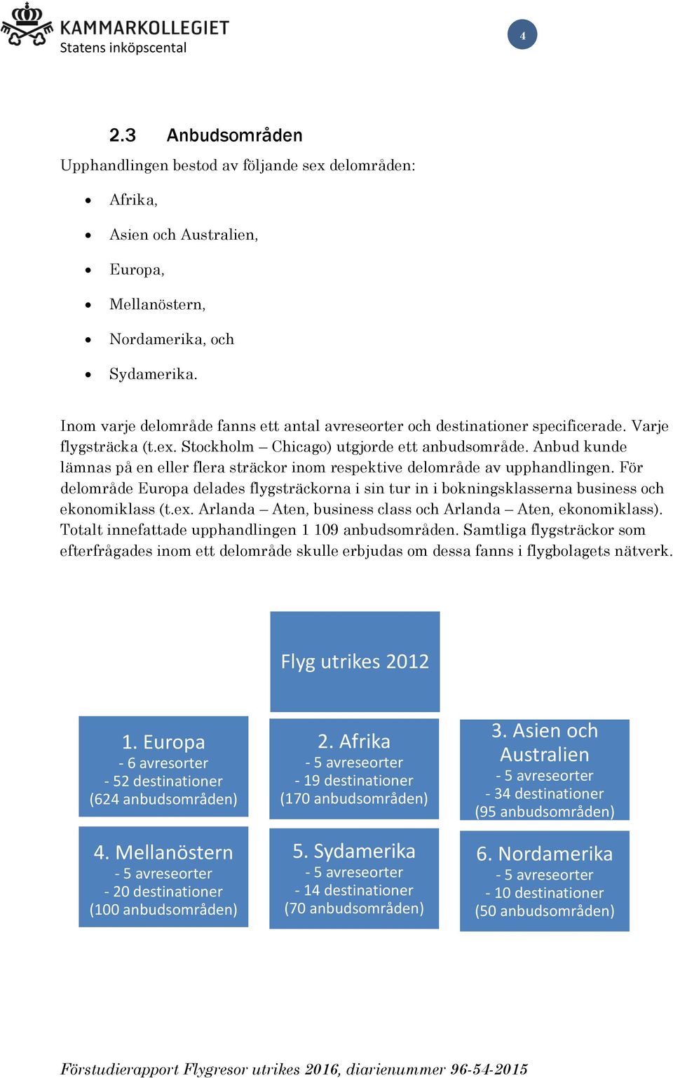 Anbud kunde lämnas på en eller flera sträckor inom respektive delområde av upphandlingen. För delområde Europa delades flygsträckorna i sin tur in i bokningsklasserna business och ekonomiklass (t.ex.
