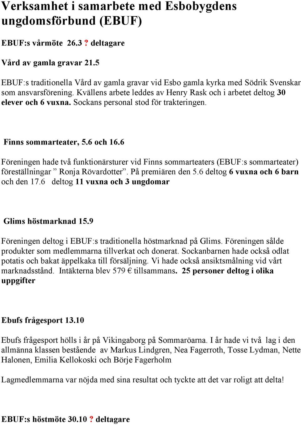 Sockans personal stod för trakteringen. Finns sommarteater, 5.6 och 16.6 Föreningen hade två funktionärsturer vid Finns sommarteaters (EBUF:s sommarteater) föreställningar Ronja Rövardotter.