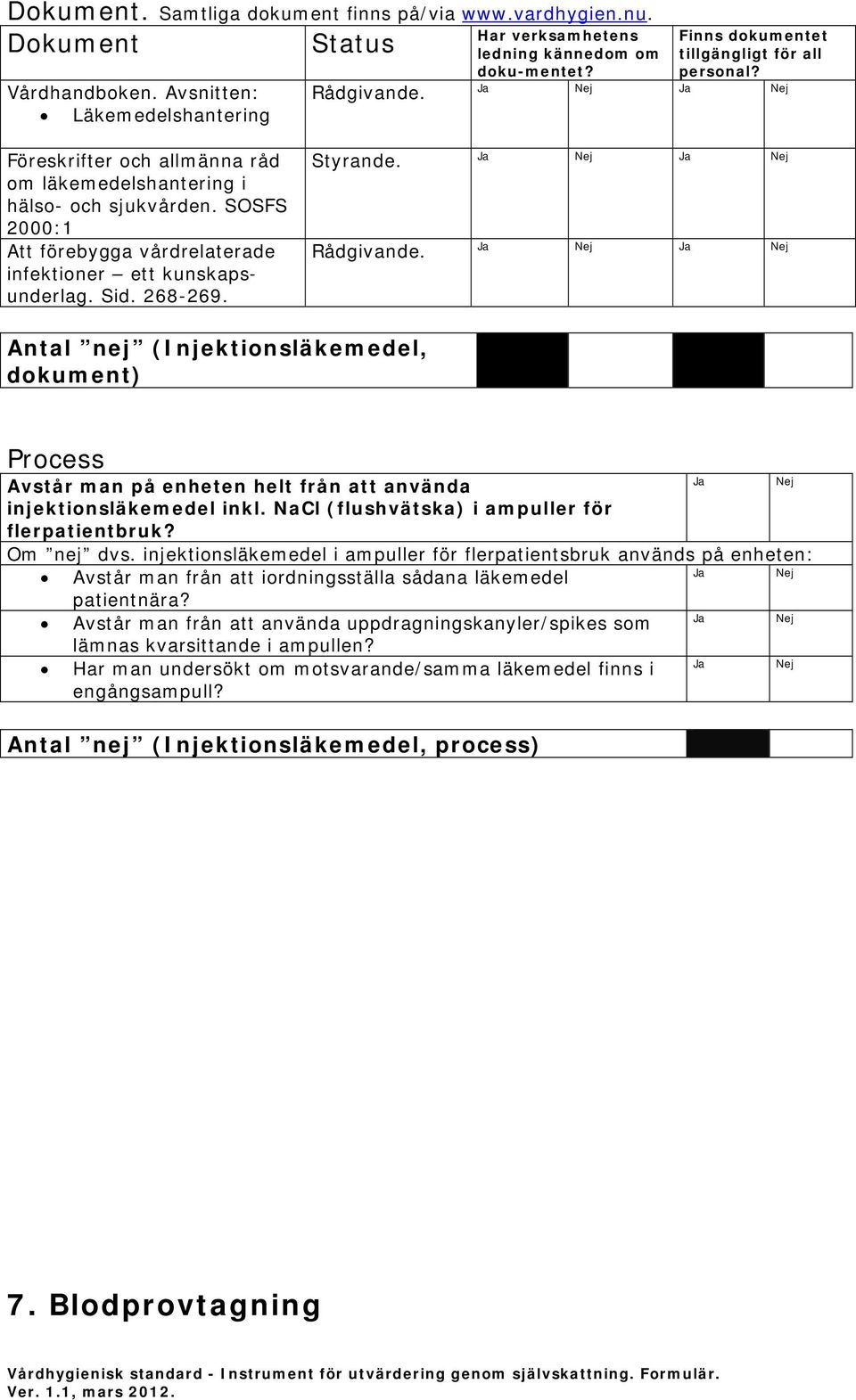 Antal nej (Injektionsläkemedel, dokument) Avstår man på enheten helt från att använda injektionsläkemedel inkl. NaCl (flushvätska) i ampuller för flerpatientbruk? Om nej dvs.