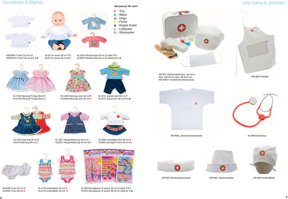 T B KR30010v T-shirt 40 cm U S L A HL91115 Jeans 40 cm U L HL2933 Stickad tröja 40 cm (2 olika) U S L A KR1911 Doktorsväska tom, set om 2 Stor: 25x18 cm Liten: 20,5x15 cm KR190011 Innehåll till