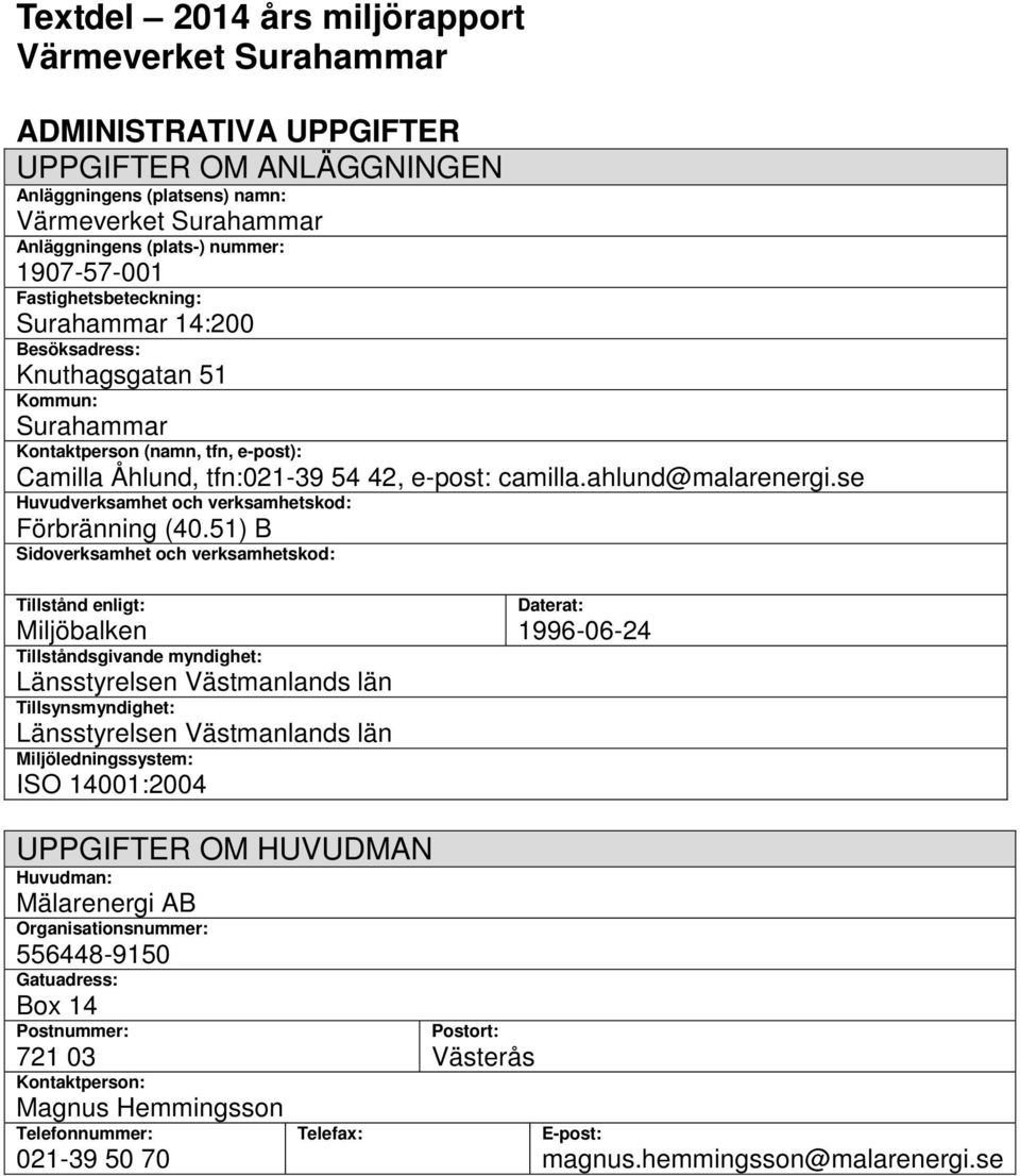 ahlund@malarenergi.se Huvudverksamhet och verksamhetskod: Förbränning (40.