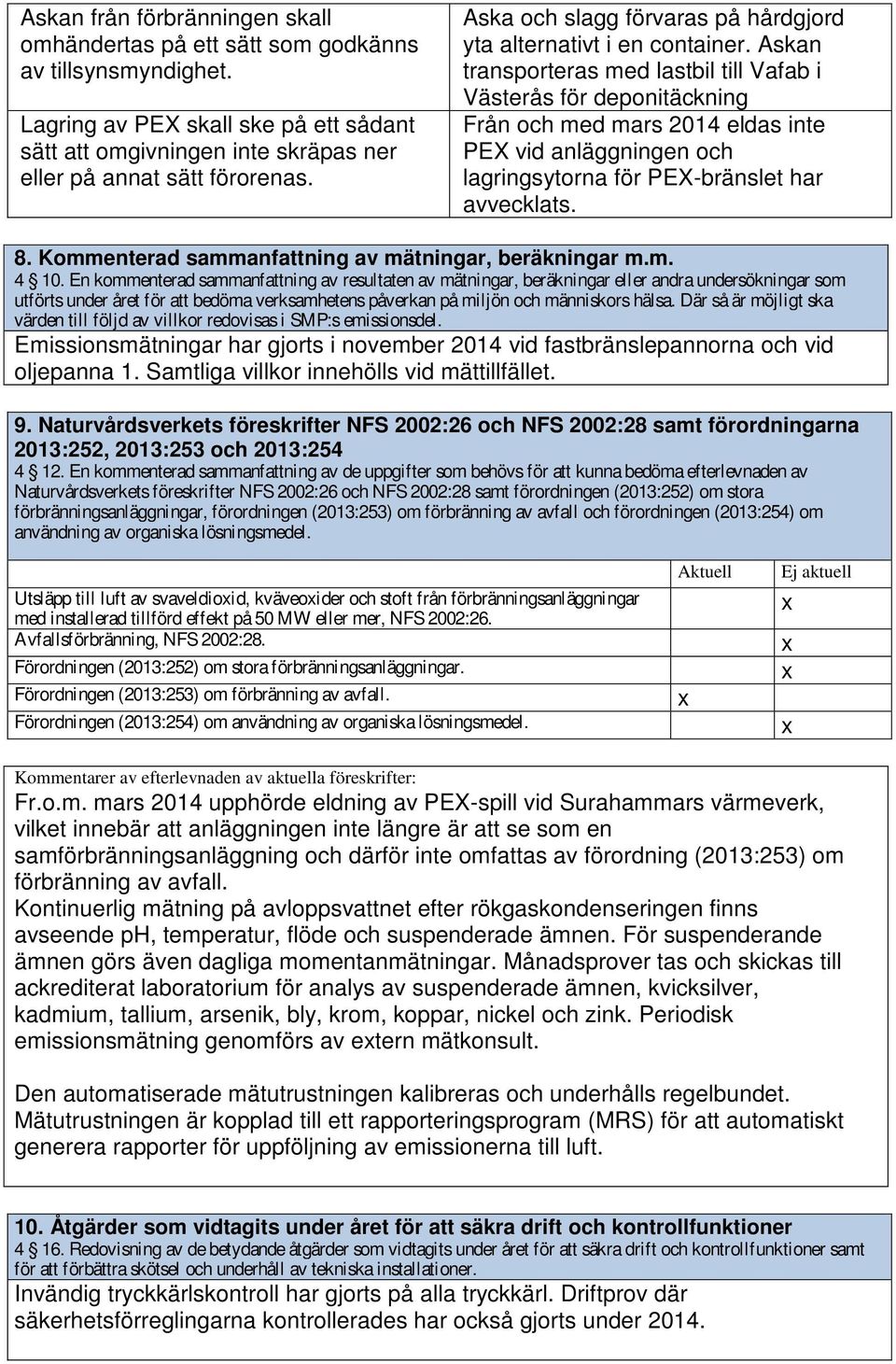 Askan transporteras med lastbil till Vafab i Västerås för deponitäckning Från och med mars 2014 eldas inte PEX vid anläggningen och lagringsytorna för PEX-bränslet har avvecklats. 8.