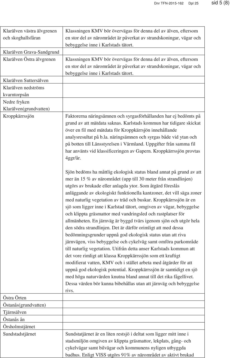 Karlstads tätort. Klassningen KMV bör övervägas för denna del av älven, eftersom en stor del av närområdet är påverkat av strandskoningar, vägar och bebyggelse inne i Karlstads tätort.
