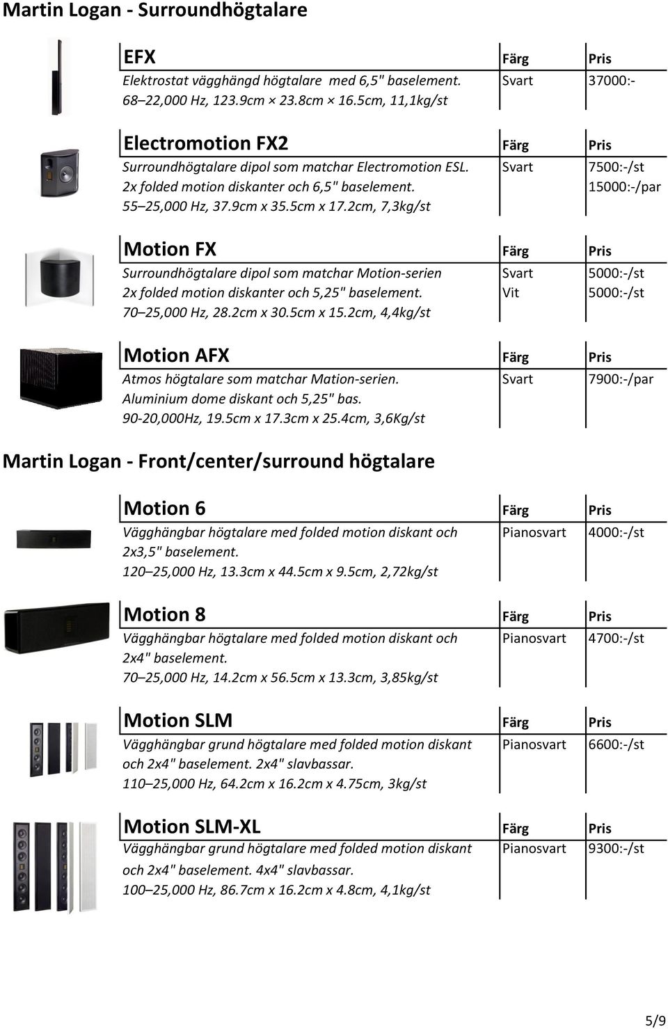 5cm x 17.2cm, 7,3kg/st Motion FX Färg Pris Surroundhögtalare dipol som matchar Motion-serien Svart 5000:-/st 2x folded motion diskanter och 5,25" baselement. Vit 5000:-/st 70 25,000 Hz, 28.2cm x 30.