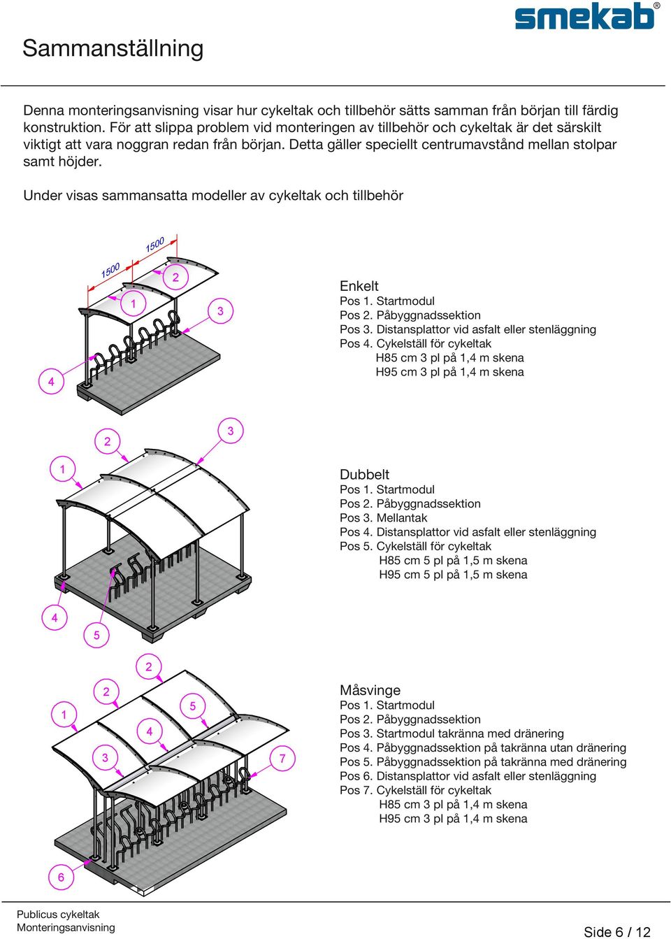 Under visas sammansatta modeller av cykeltak och tillbehör Enkelt Pos. Startmodul Pos. Påbyggnadssektion Pos. Distansplattor vid asfalt eller stenläggning Pos 4.