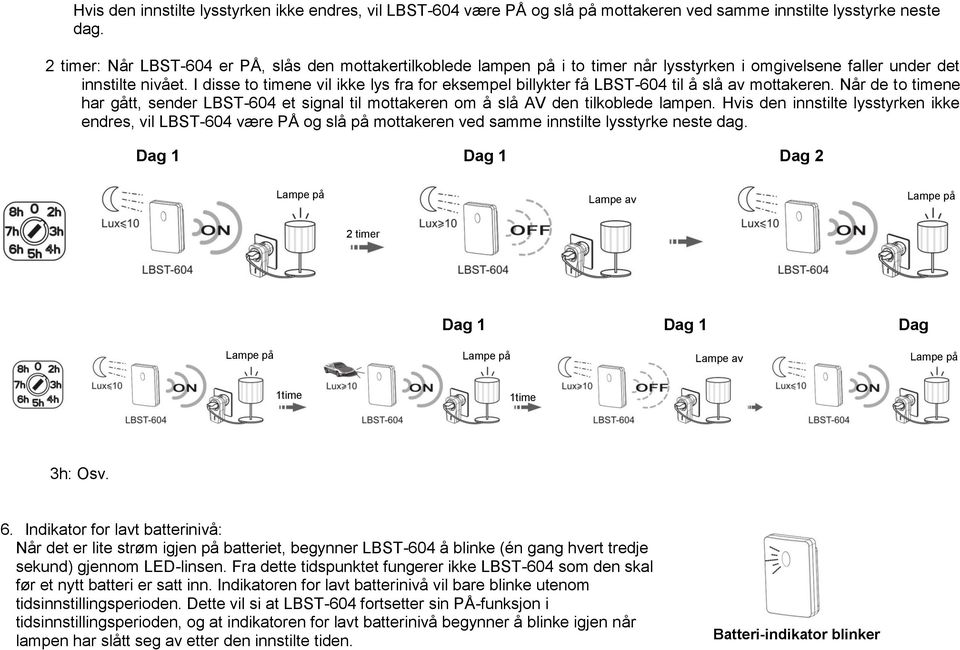 I disse to timene vil ikke lys fra for eksempel billykter få LBST-604 til å slå av mottakeren. Når de to timene har gått, sender LBST-604 et signal til mottakeren om å slå AV den tilkoblede lampen.