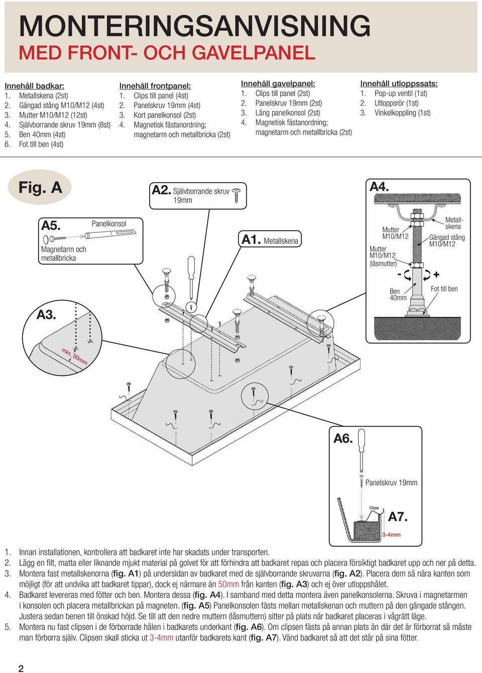 Magnetisk fästanordning; magnetarm och metallbricka (2st) Innehåll gavelpanel: 1. Clips till panel (2st) 2. Panelskruv 19mm (2st) 3. Lång panelkonsol (2st) 4.