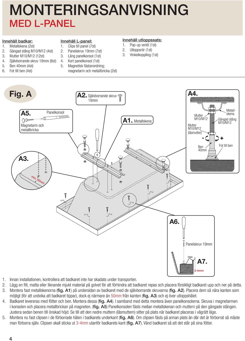 Pop-up ventil (1st) 2. Utloppsrör (1st) 3. Vinkelkoppling (1st) Fig. A A2. Självborrande skruv 19mm A4. A5. Panelkonsol Magnetarm och metallbricka A1.