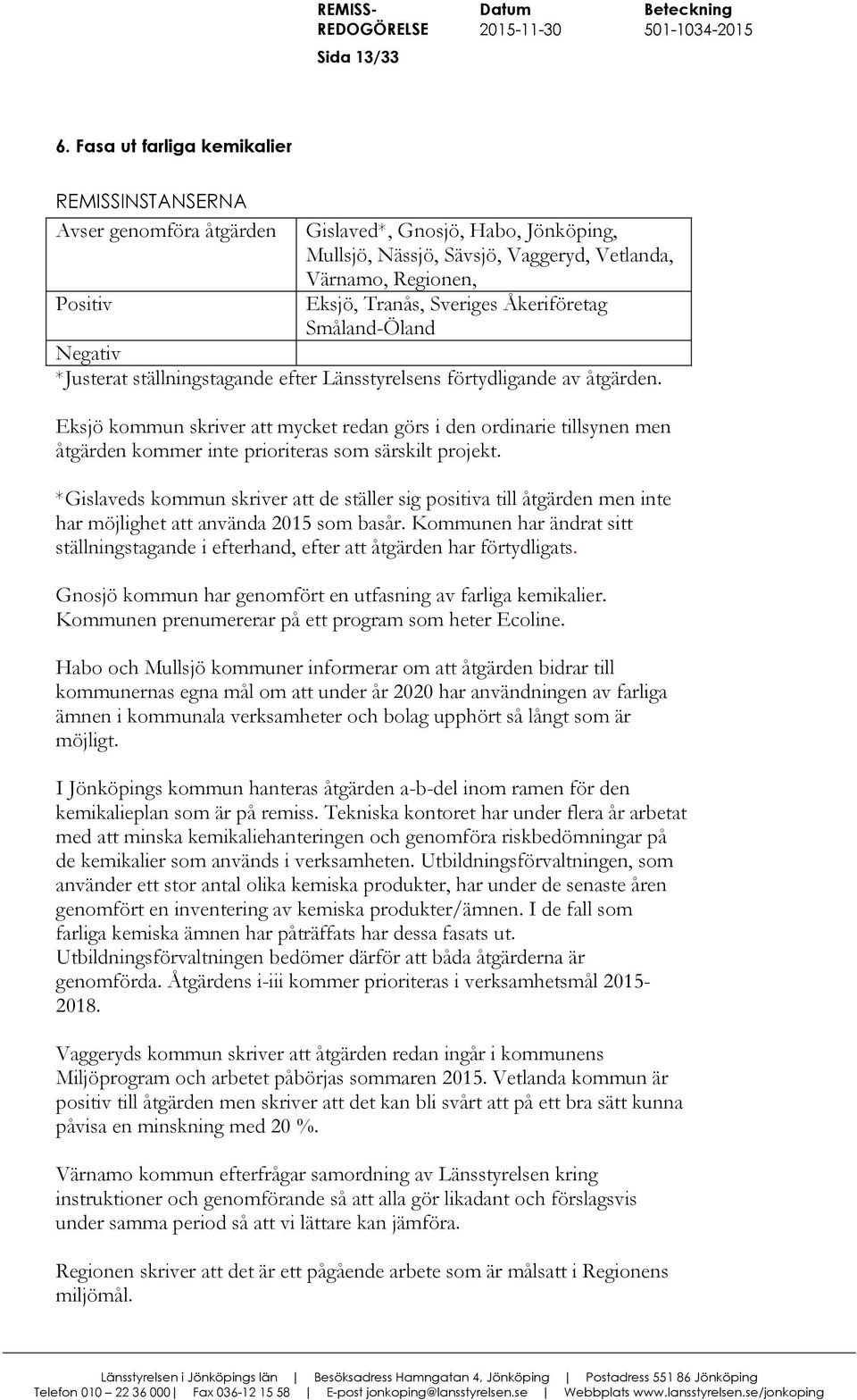 ställningstagande efter Länsstyrelsens förtydligande av åtgärden. Eksjö kommun skriver att mycket redan görs i den ordinarie tillsynen men åtgärden kommer inte prioriteras som särskilt projekt.