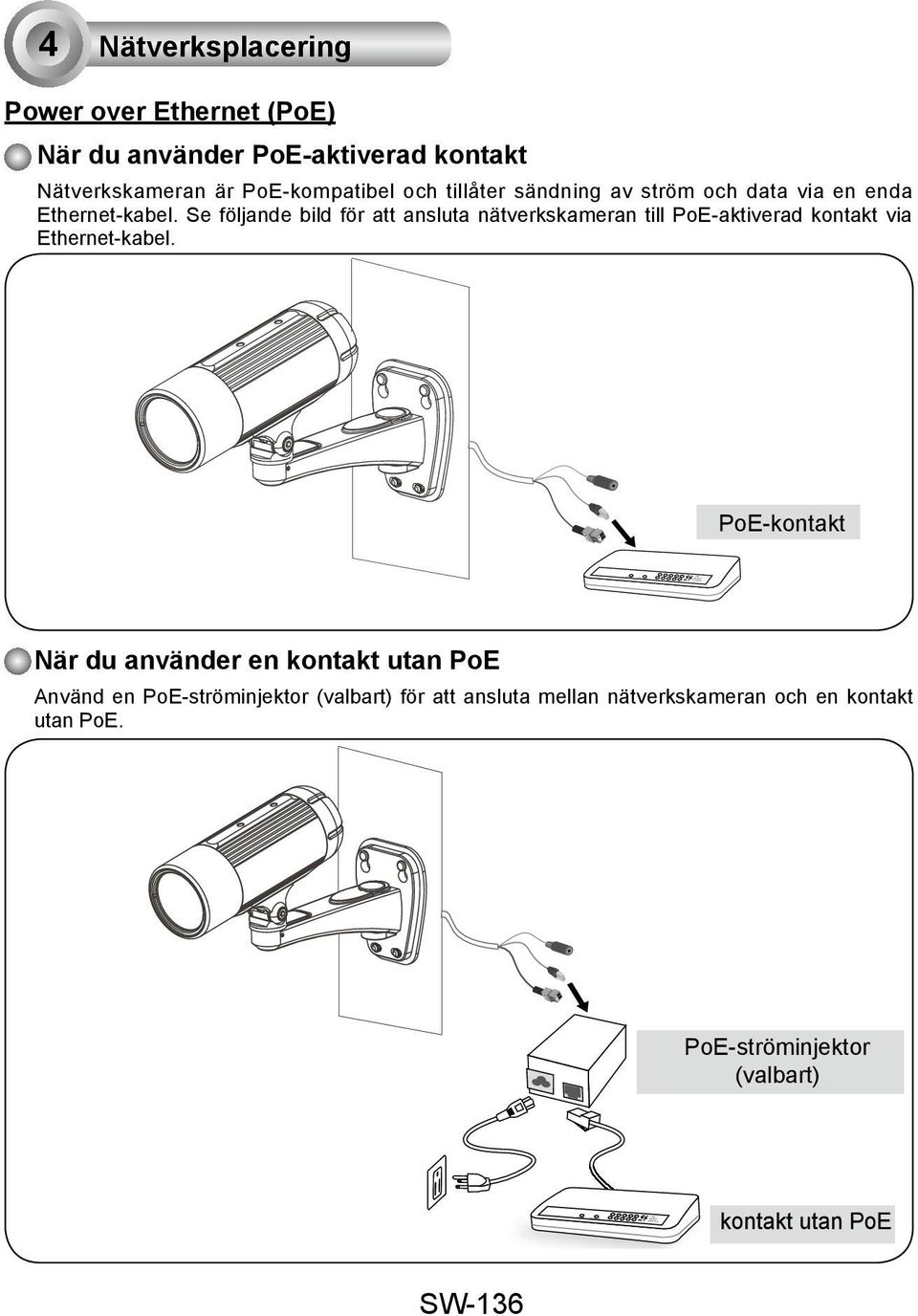 Se följande bild för att ansluta nätverkskameran till PoE-aktiverad kontakt via Ethernet-kabel.