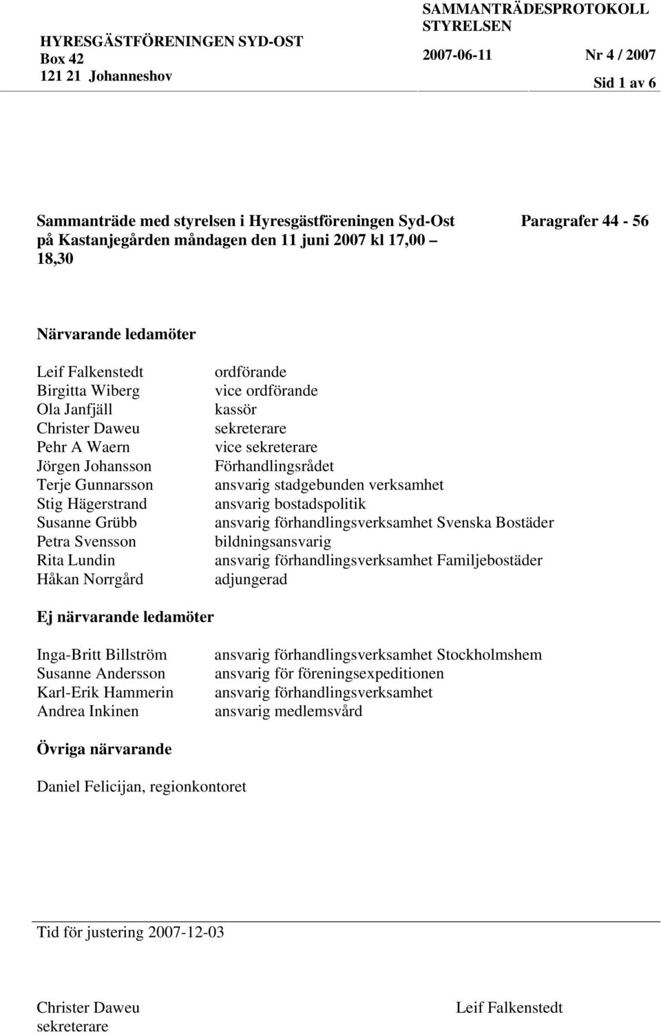 ordförande vice ordförande kassör sekreterare vice sekreterare Förhandlingsrådet ansvarig stadgebunden verksamhet ansvarig bostadspolitik ansvarig förhandlingsverksamhet Svenska Bostäder