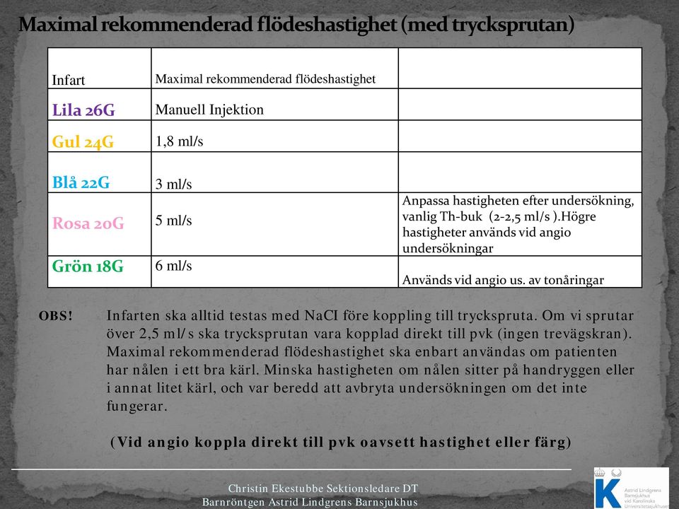 Om vi sprutar över 2,5 ml/s ska trycksprutan vara kopplad direkt till pvk (ingen trevägskran).