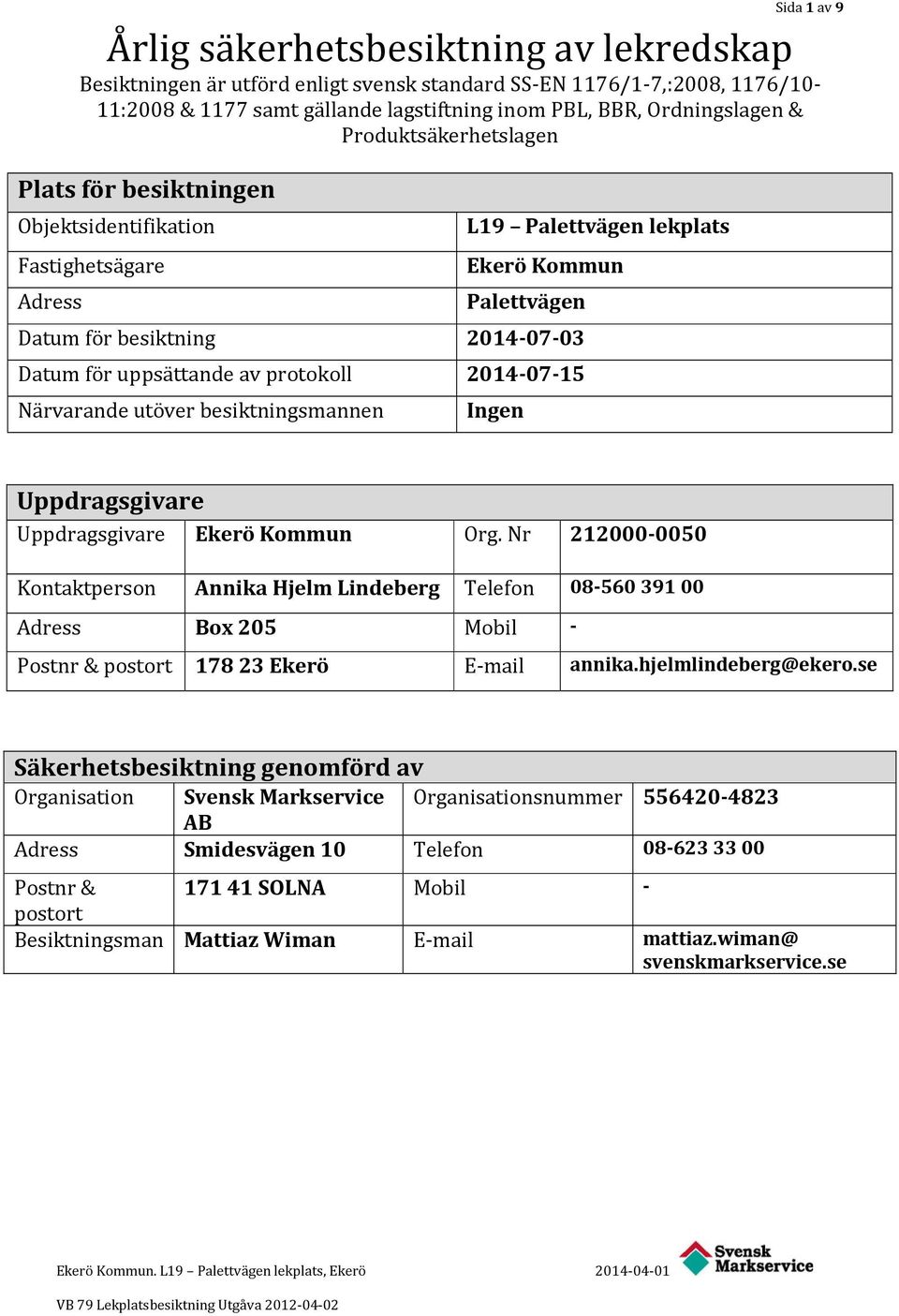 protokoll 2014-07-15 Närvarande utöver besiktningsmannen Ingen Uppdragsgivare Uppdragsgivare Ekerö Kommun Org.