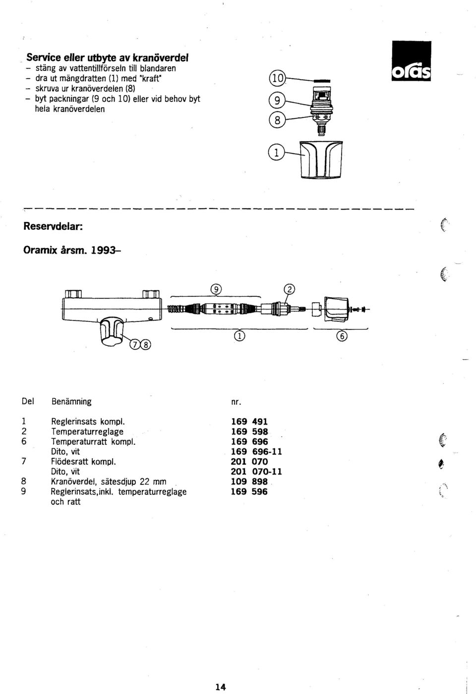 99-9 2 7 8 Del Benämning nr. Reglerinsats kompl 69 49 2 Temperaturreglage 69 598 6 Temperaturratt kompl.