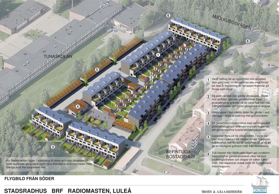 3 Husgrupper i den västra delen får gårdar i sydvästläge i direkt anslutning mot grönområden 4 Ett gemensamt kvartershus med samlingslokal, grovtvättstuga och övernattningsrum ligger vid det