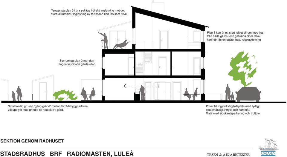 som tillval kan här fås en bastu, bad, relaxavdelning Sovrum på plan 2 mot den lugna skyddade gårdssidan Smal trevlig grusad gång-gränd