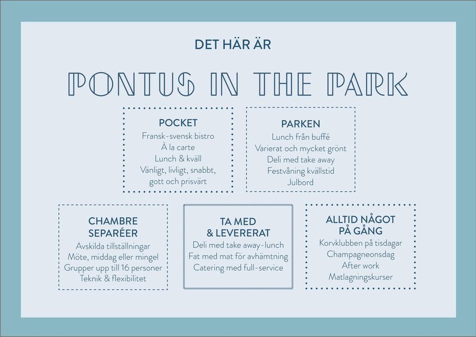 middag eller mingel Grupper upp till 16 personer Teknik & flexibilitet TA MED & LEVERERAT Deli med take away-lunch Fat med mat